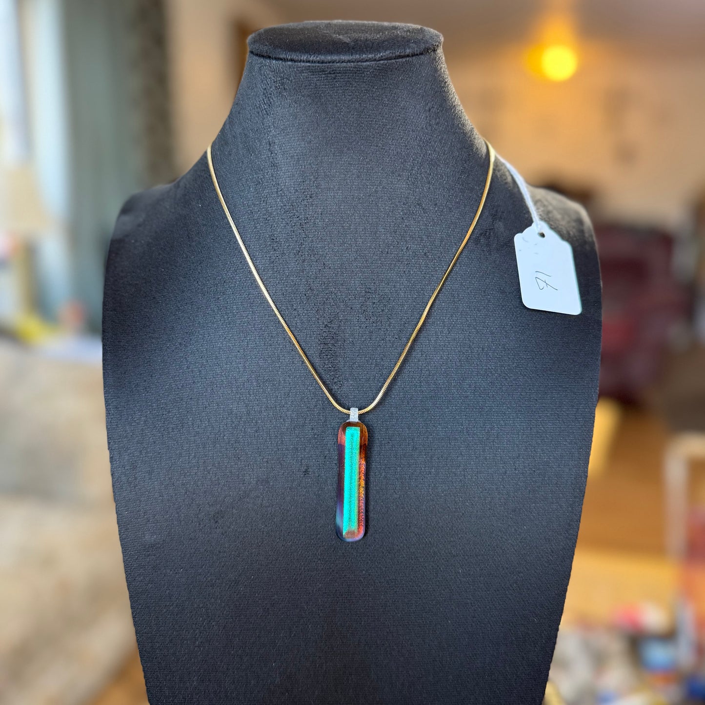 Teal Pink Dichroic fused over Light Dark Amber Antique art glass Pendant