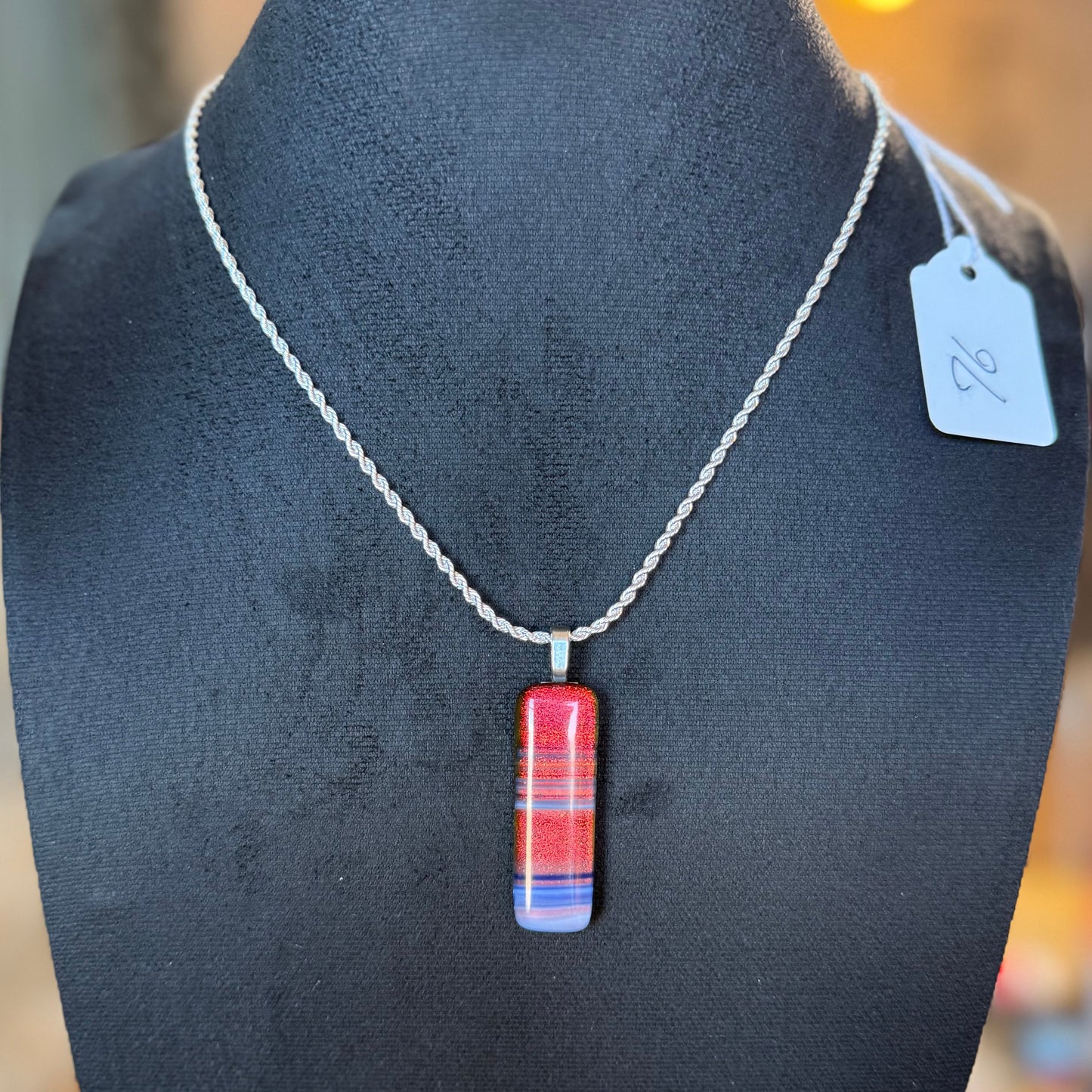 Clear Blue and white Spectrum glass Fused over Candy Apple Red Dichroic Pendant