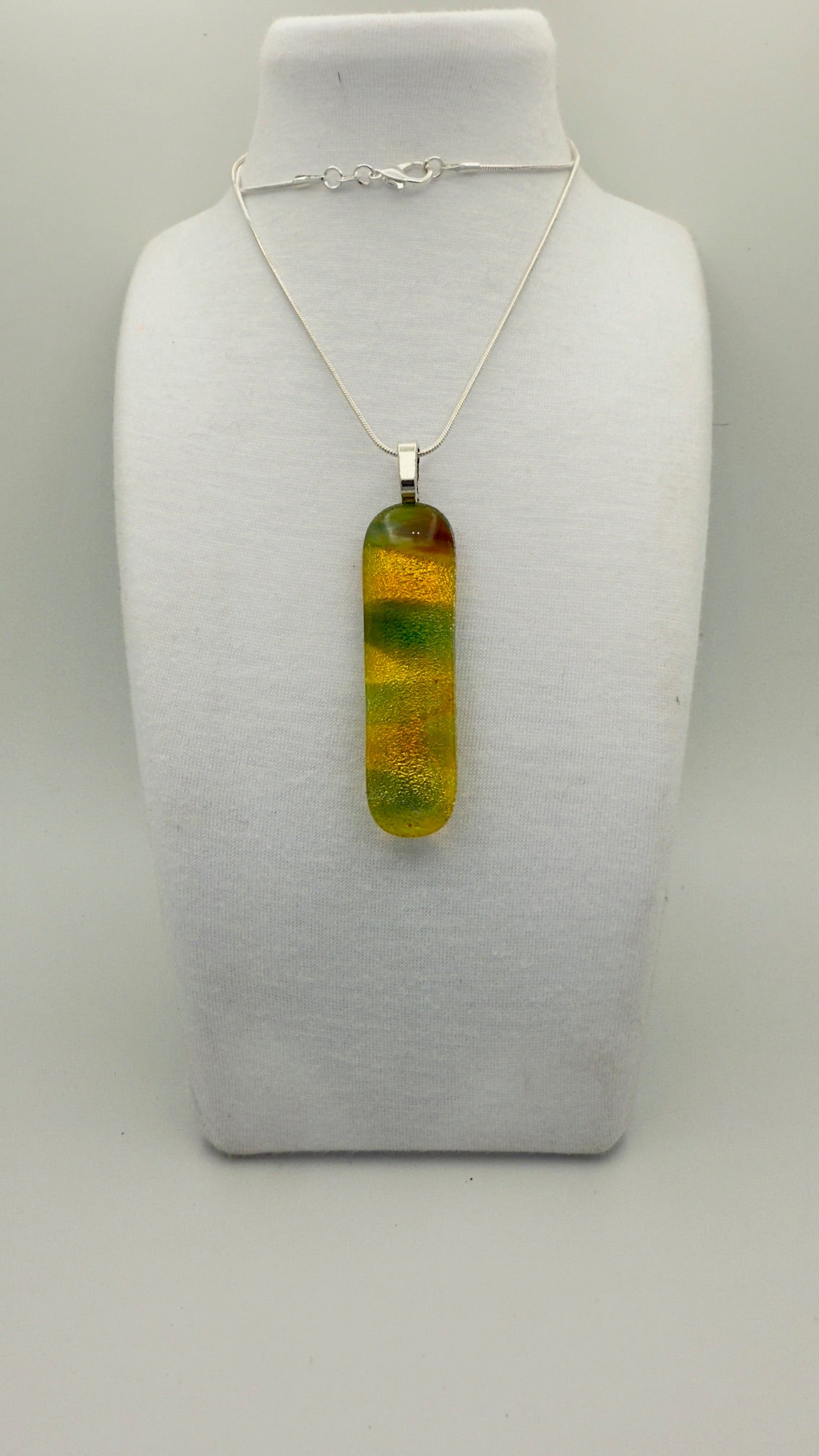 Antique Glass Fusion Pendant – White, Green, Amber with Salmon Dichroic