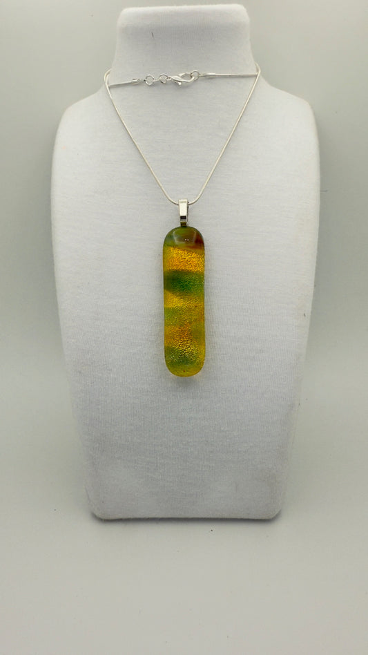 Antique Glass Fusion Pendant – White, Green, Amber with Salmon Dichroic