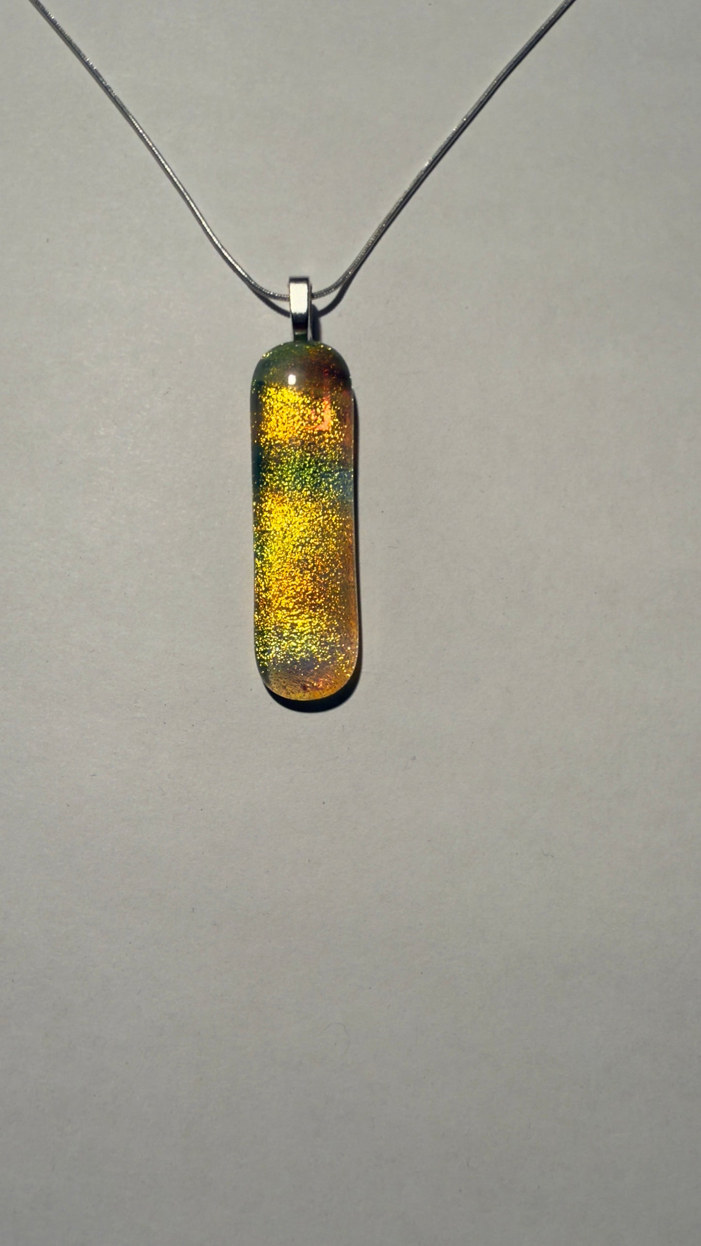 Antique Glass Fusion Pendant – White, Green, Amber with Salmon Dichroic