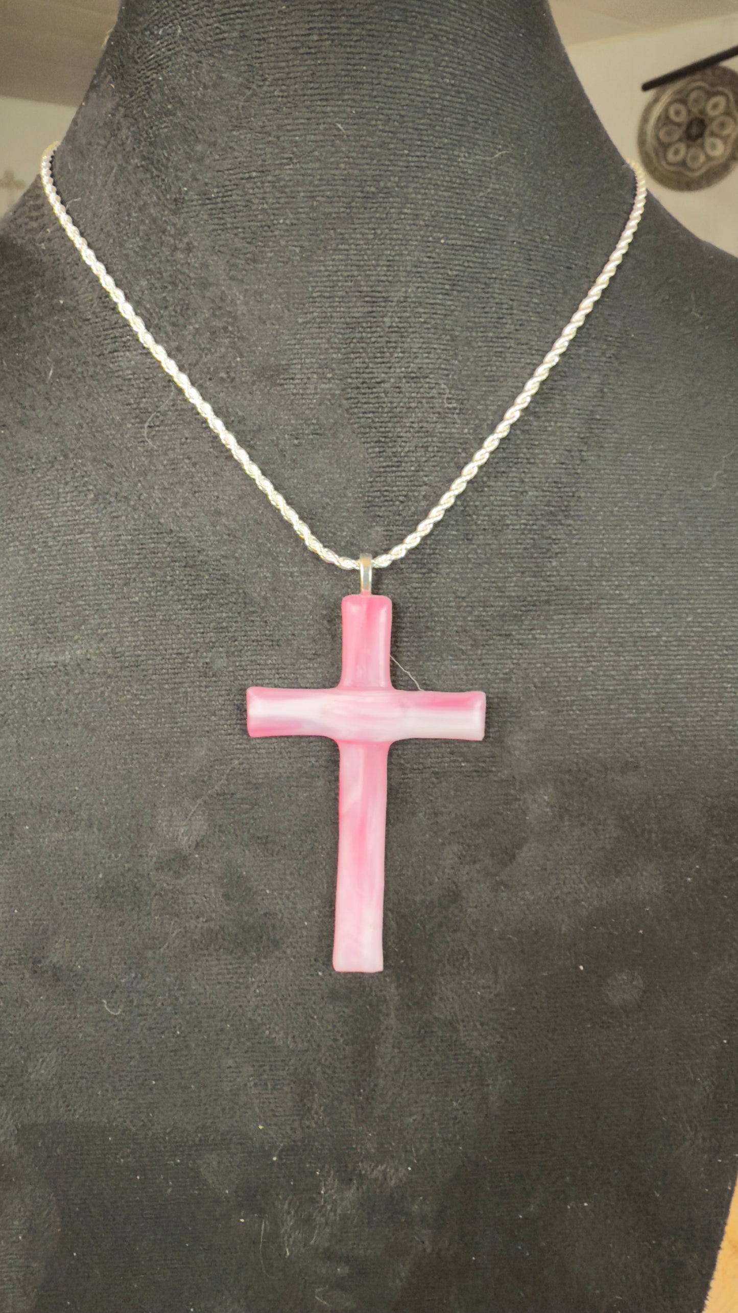 Pink smooth flat Glass Cross Pendant