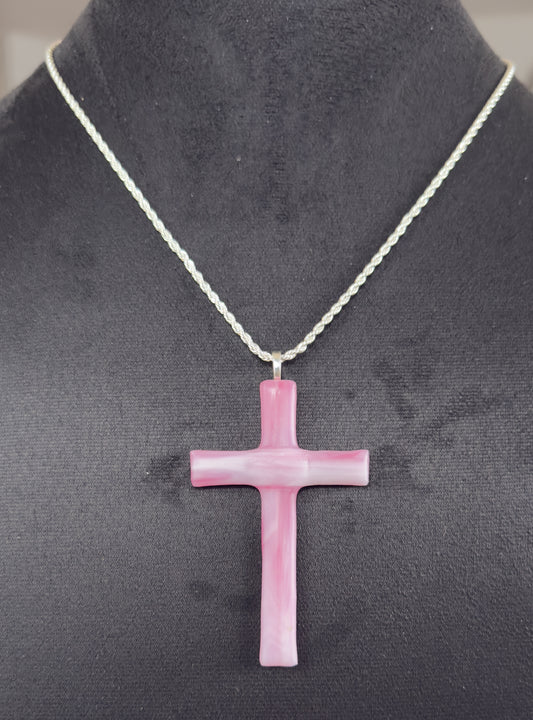 Pink smooth flat Glass Cross Pendant