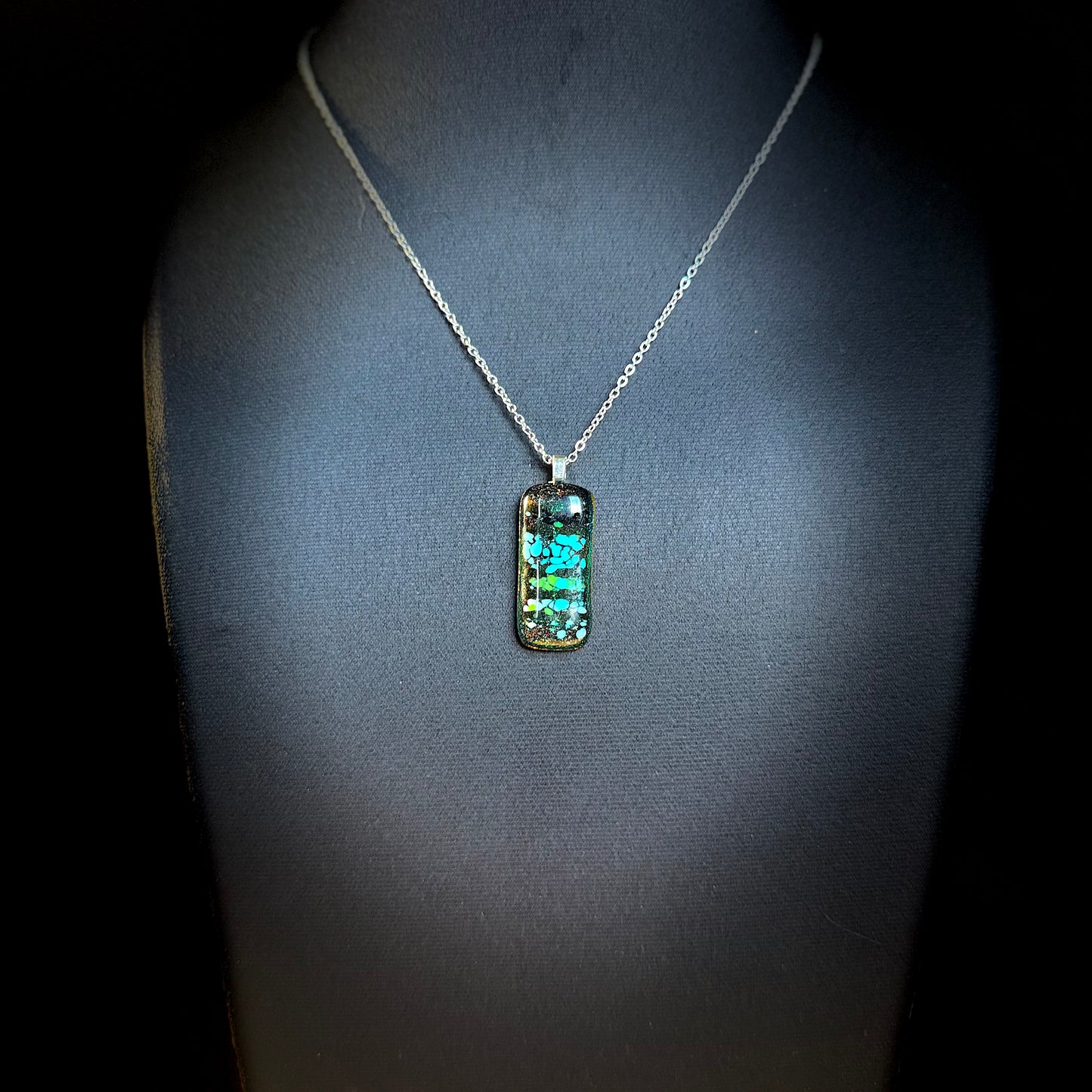 Blue Dichroic fused glass pendant with Frit