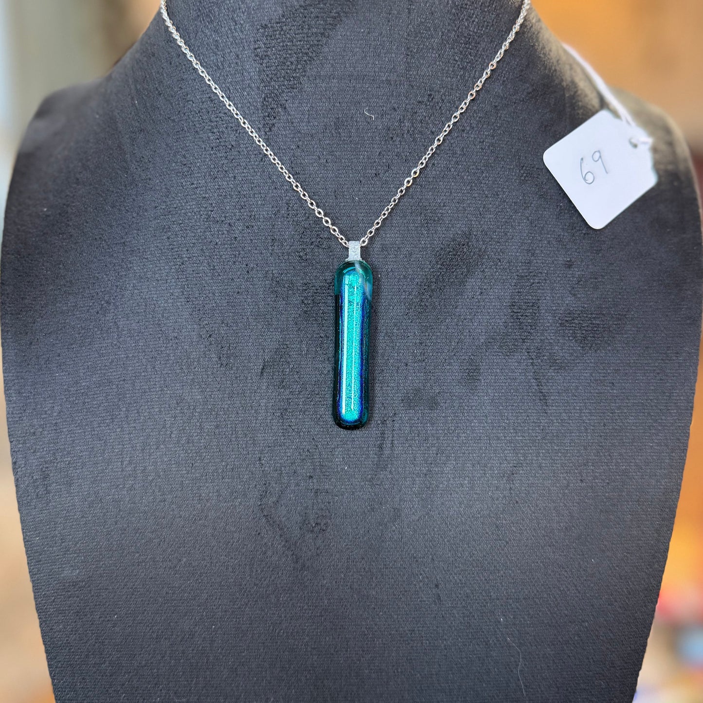 Bright Blue Dichroic Fused into Emerald Teal Antique glass Pendant
