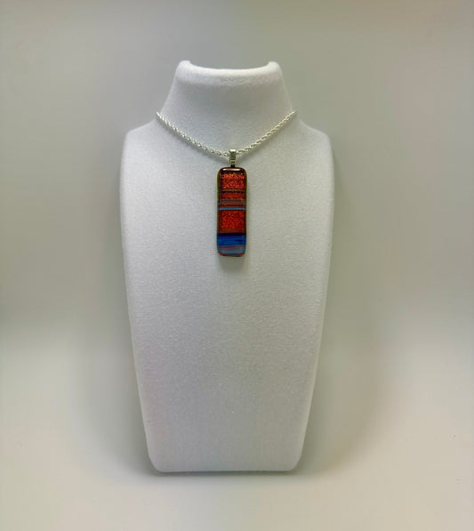 Clear Blue and white Spectrum glass Fused over Candy Apple Red Dichroic Pendant